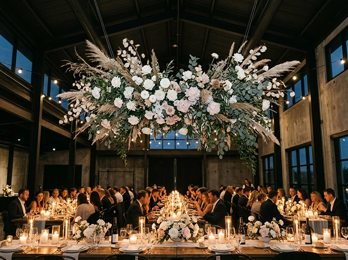 floral art from ceiling at wedding